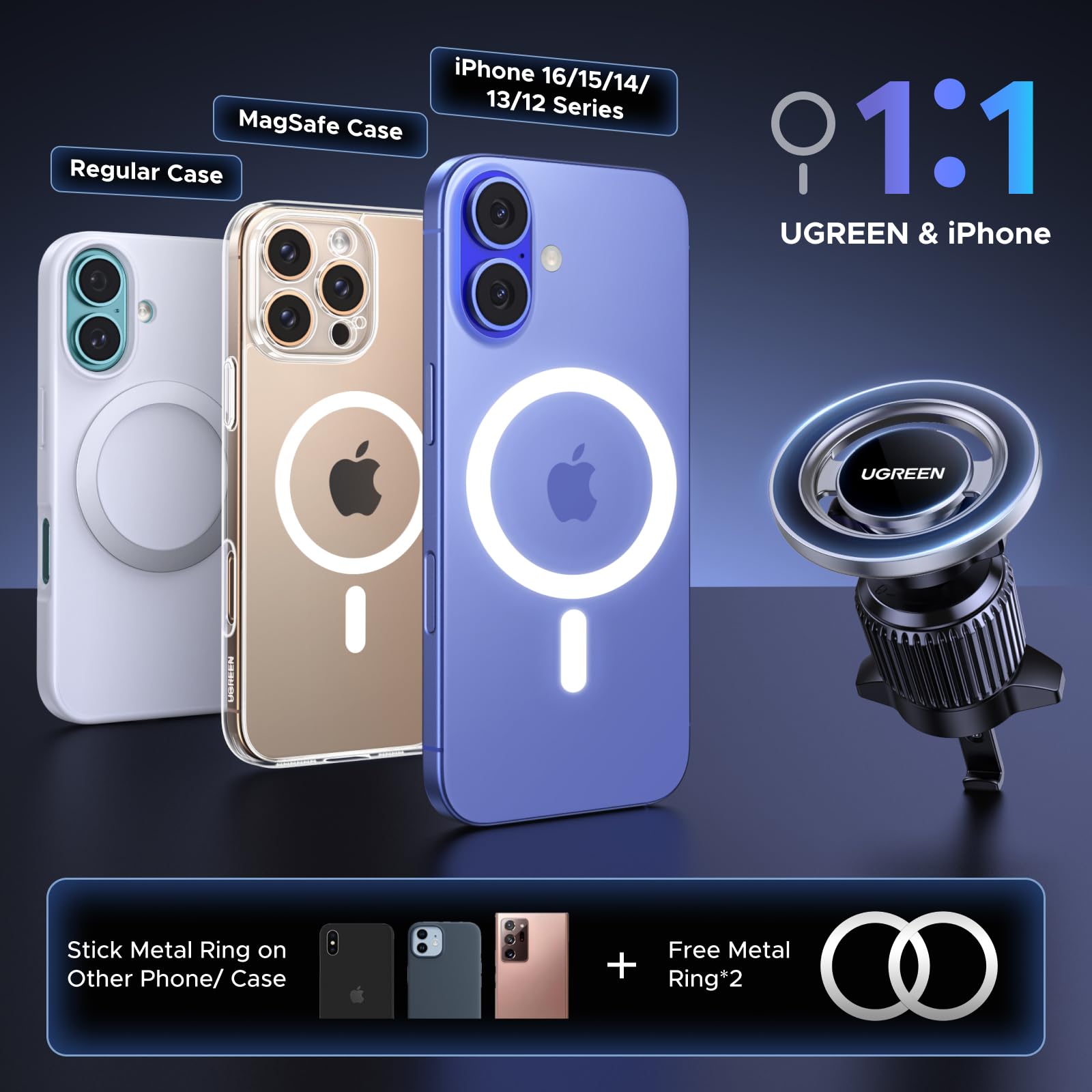 UGREEN Magsafe Car Mount for Air Vent, Magnetic Phone Holder for Cars Cradle Compatible with iPhone 16/15/14/13/12 Series & MagSafe Case with Metal Plates(Black)