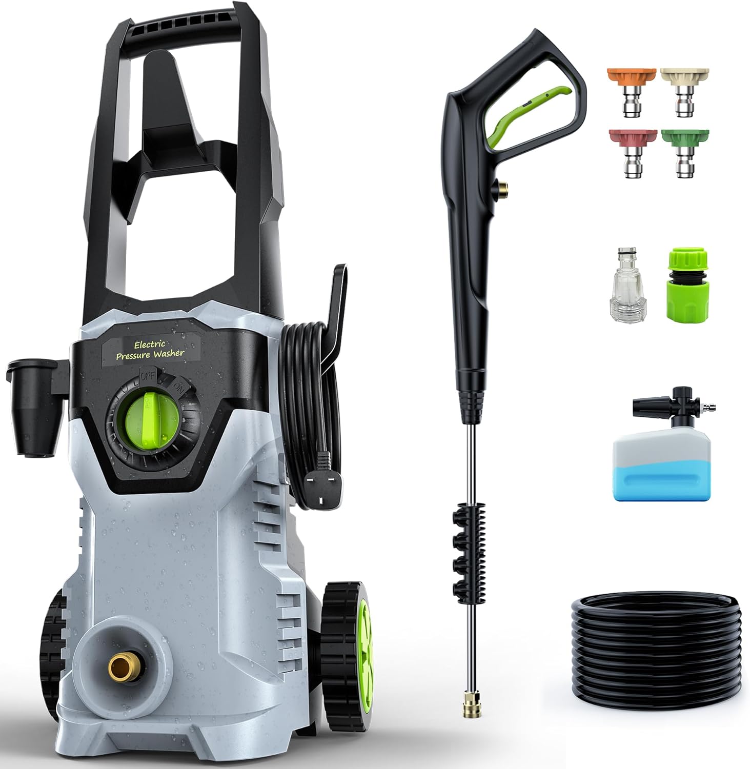 ETOOLAB Pressure Washers, 160Bar 450L/H Electric Power Washers with Foam Cannon, 4 Nozzles, 15M Total Long High Pressure Washer for Cars, Fences, Patios, Decks, Patios and Driveway