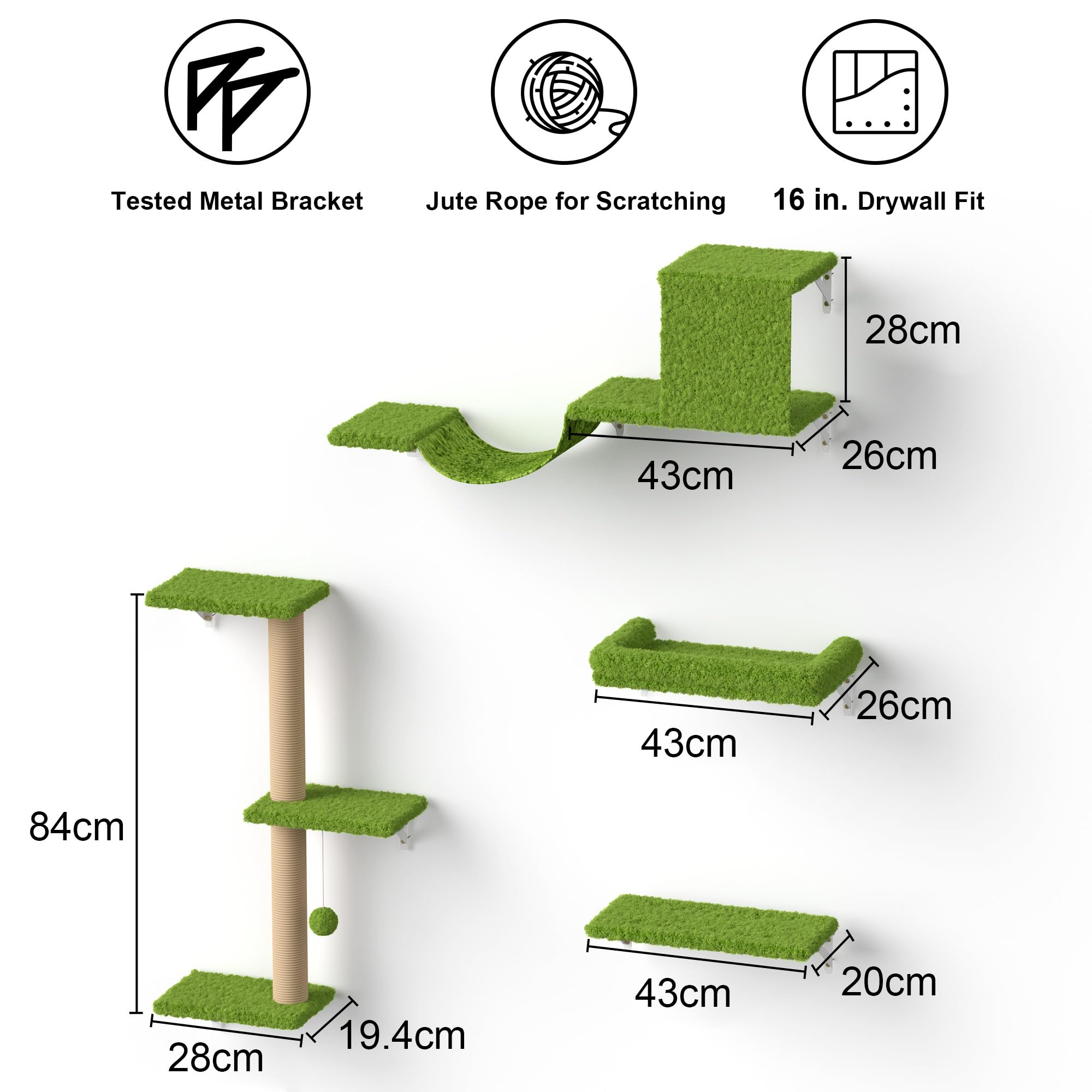 FUKUMARU Cat Wall Shelves, Stable & Safe 4 in 1 Large Cat Wall Furniture Set, Wooden Cat Climbing Wall with Scratching Post, Cat Bridge and Cat Bed,