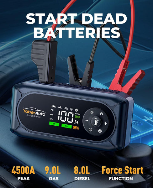 9-in-1Jump Starter Power Pack 4500A with 150PSI Air Compressor, YaberAuto Car Battery Booster Jump Starter for 9L Gas/8L Diesel, Car Starter Power Bank with Jump leads, Gloves, Lights
