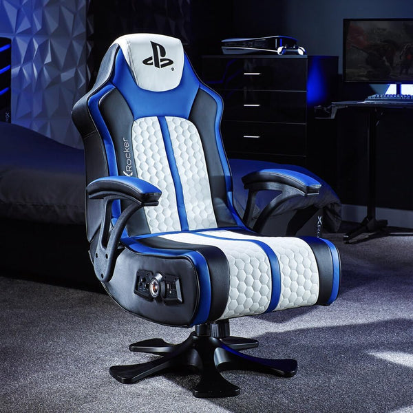 X ROCKER Playstation Legend 2.1 Audio Gaming Chair with Speakers, Wireless Bluetooth Audio Console Gaming Seat, Sound activated Vibration, Official Playstation for PS5 PS4 PC Mobile - WHITE BLUE BLACK