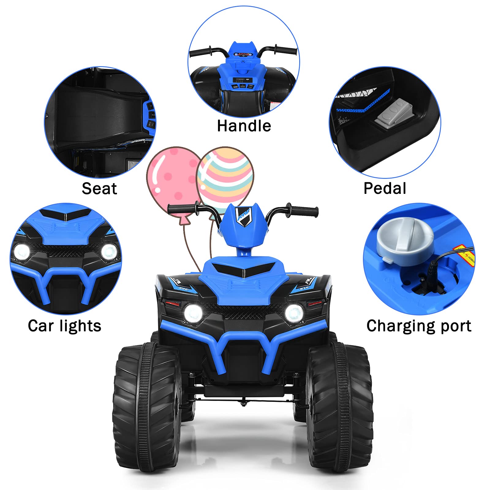 GYMAX Kids Electric Quad Bike, Children Ride On ATV with Bluetooth, Lights, Music, Horn, High/Low Speeds and Slow Start, 12 V Battery Powered Toy Car for 3-7 Years Boys Girls (Blue)