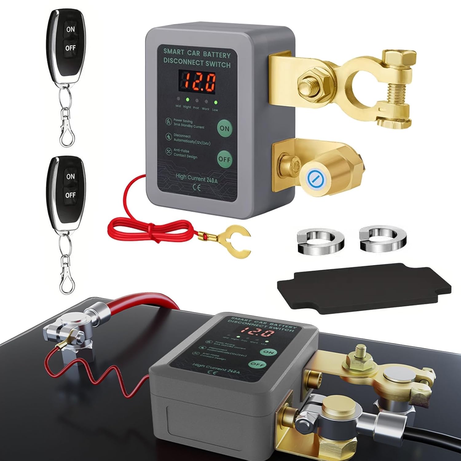 YUBOZDZQ Remote Kill Switch for Car,12V 240A Remote Battery Disconnect Switch with Led Voltage Display Car Kill Switch Anti Theft Automatic Cut/Shut Off Switch for Auto Truck Marine RV ATV Boat