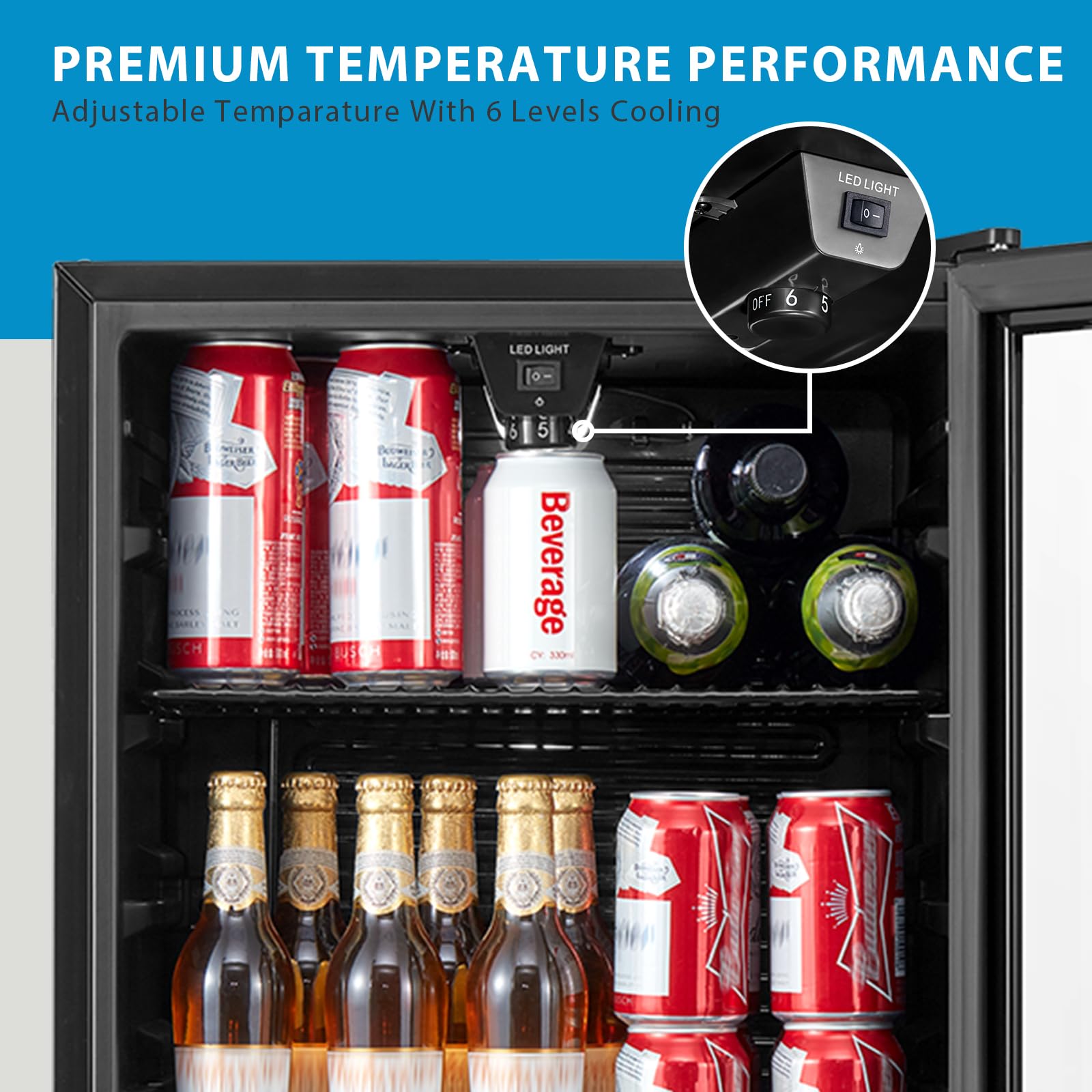 COMFEE' RCZ99BG2(E) Under Counter Beer & Drinks Fridge-93L Capacity,Holds up to 115 Cans, Premium Temperature Performance (2℃ to 15℃), Full Length Low-E Glass, Removable Shelves, LED Light, Low Noise