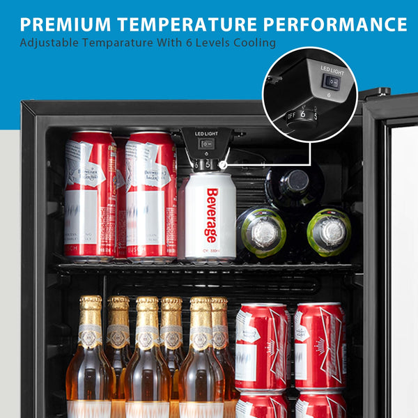 COMFEE' RCZ99BG2(E) Under Counter Beer & Drinks Fridge-93L Capacity,Holds up to 115 Cans, Premium Temperature Performance (2℃ to 15℃), Full Length Low-E Glass, Removable Shelves, LED Light, Low Noise
