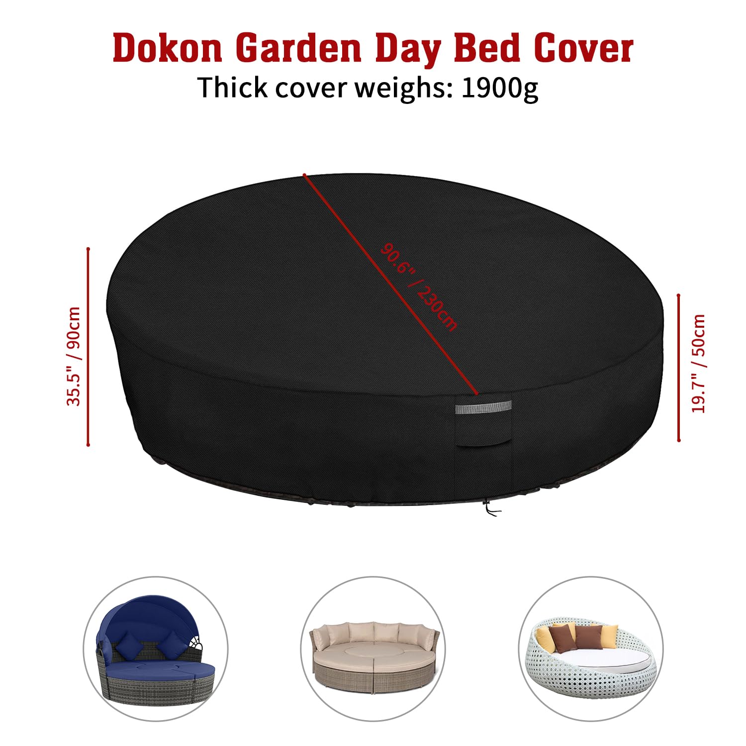 Dokon Garden Day Bed Covers Waterproof Patio Rattan Daybed Cover Heavy Duty 600D Oxford Fabric Windproof Anti-UV Outdoor Round Sofa Canopy Day Bed