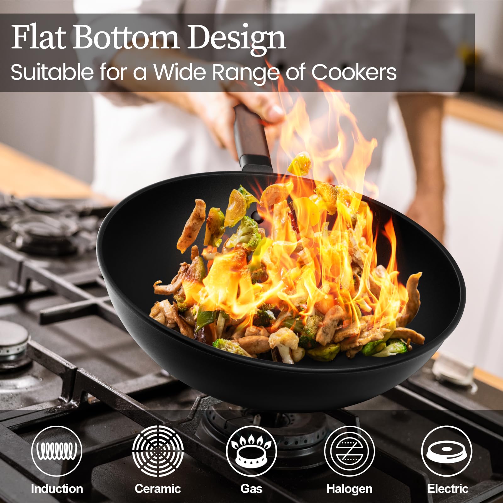 Jobin 13Inch/33cm Wok Non Stick with Lid Carbon Steel Wok and Large Capacity for Cook Asian Dishes for 4-6 People, Ideal for Induction, Gas, All Hobs