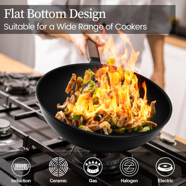 Jobin 13Inch/33cm Wok Non Stick with Lid Carbon Steel Wok and Large Capacity for Cook Asian Dishes for 4-6 People, Ideal for Induction, Gas, All Hobs