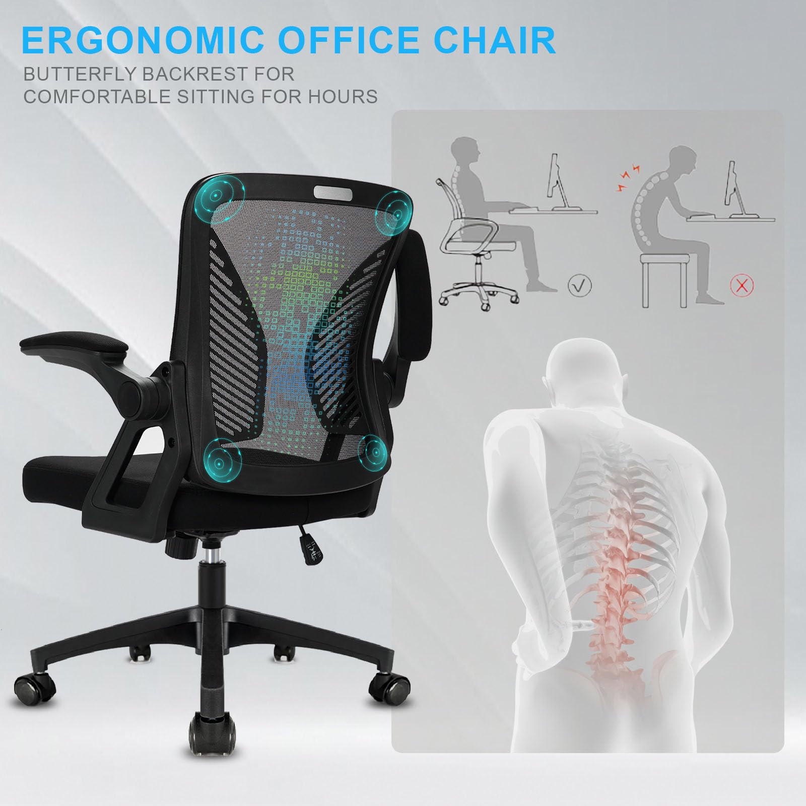 Durrafy Office Chair Ergonomic Desk with 90 Flip-up Armrest Lumbar Support, Height Adjustable Chair, Executive Swivel Computer Padded Seat Cushion