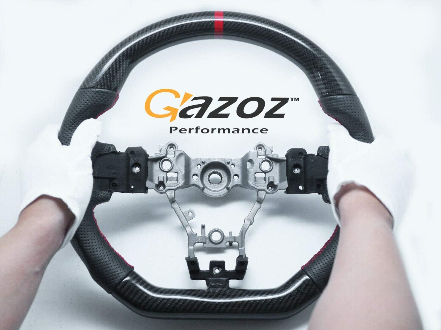 GAZOZ PERFORMANCE Carbon Fiber D-Shape Leather Steering Wheel Red Stripe for 15-20 Subaru WRX STI