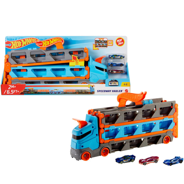 Hot Wheels - Speedway Hauler Storage Carrier with 3 1:64 Scale Cars & Convertible 6-Foot Drag Race Track for Kids 4 to 8 years Old, Stores 20+ Cars & Connects to Other Playsets, HGH33