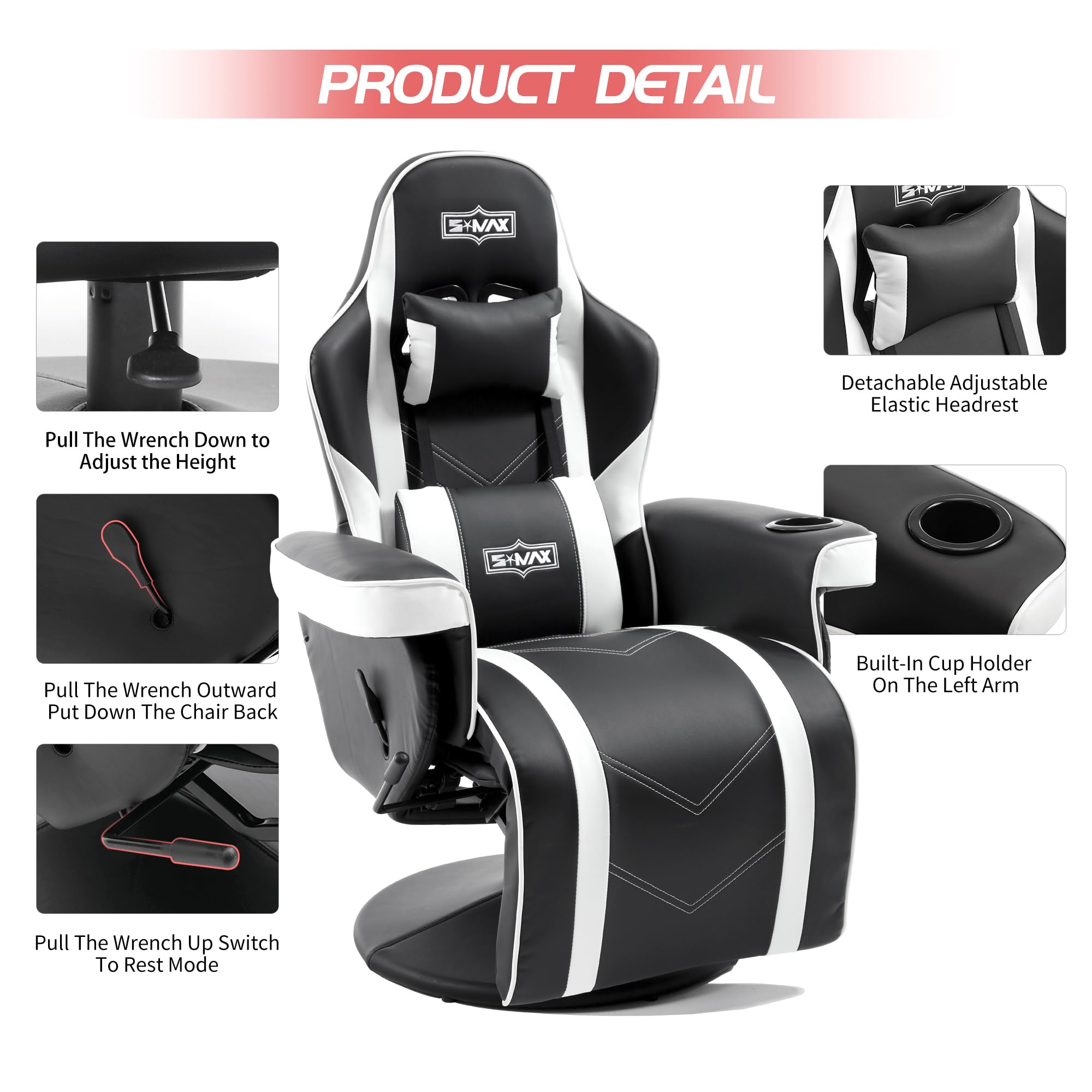 S*MAX Gaming Chair Recliner Height Adjustable Ergonomic Higher Back and Wider Lumbar Support Swivel PU Leather Gaming Chair with Footrest Cup Holder Gamer Chairs for Adults Black X Large