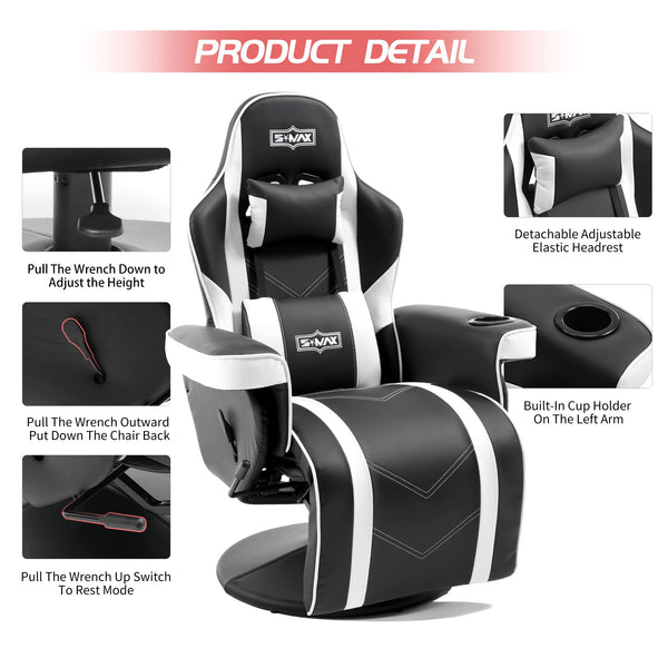 S*MAX Gaming Chair Recliner Height Adjustable Ergonomic Higher Back and Wider Lumbar Support Swivel PU Leather Gaming Chair with Footrest Cup Holder Gamer Chairs for Adults Black X Large