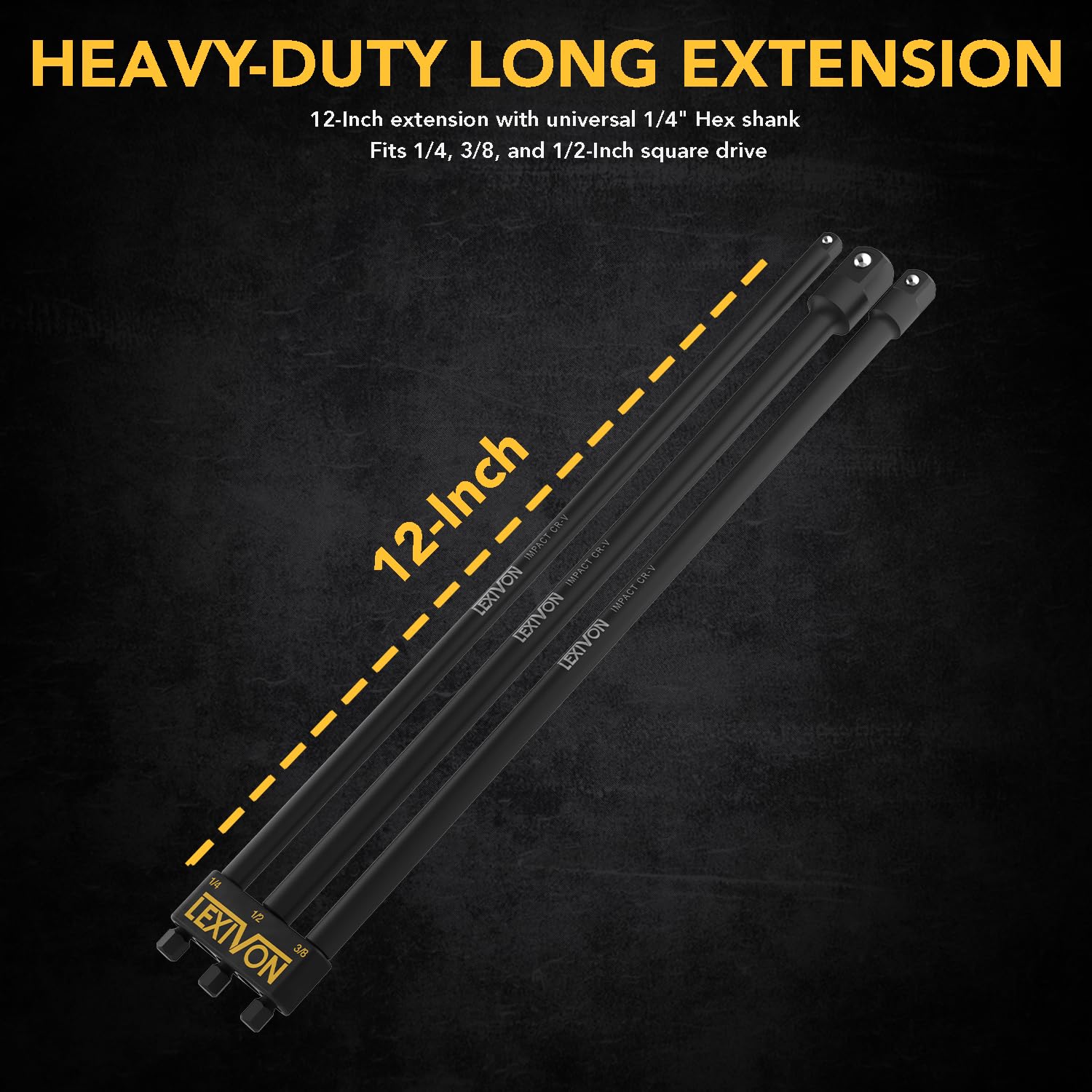 LEXIVON Impact Grade Socket Adapter Set, 3" Extension Bit with Holder | 3-Piece 1/4", 3/8", and 1/2" Drive, Adapt Your Power Drill to High Torque Impact Wrench (LX-101)