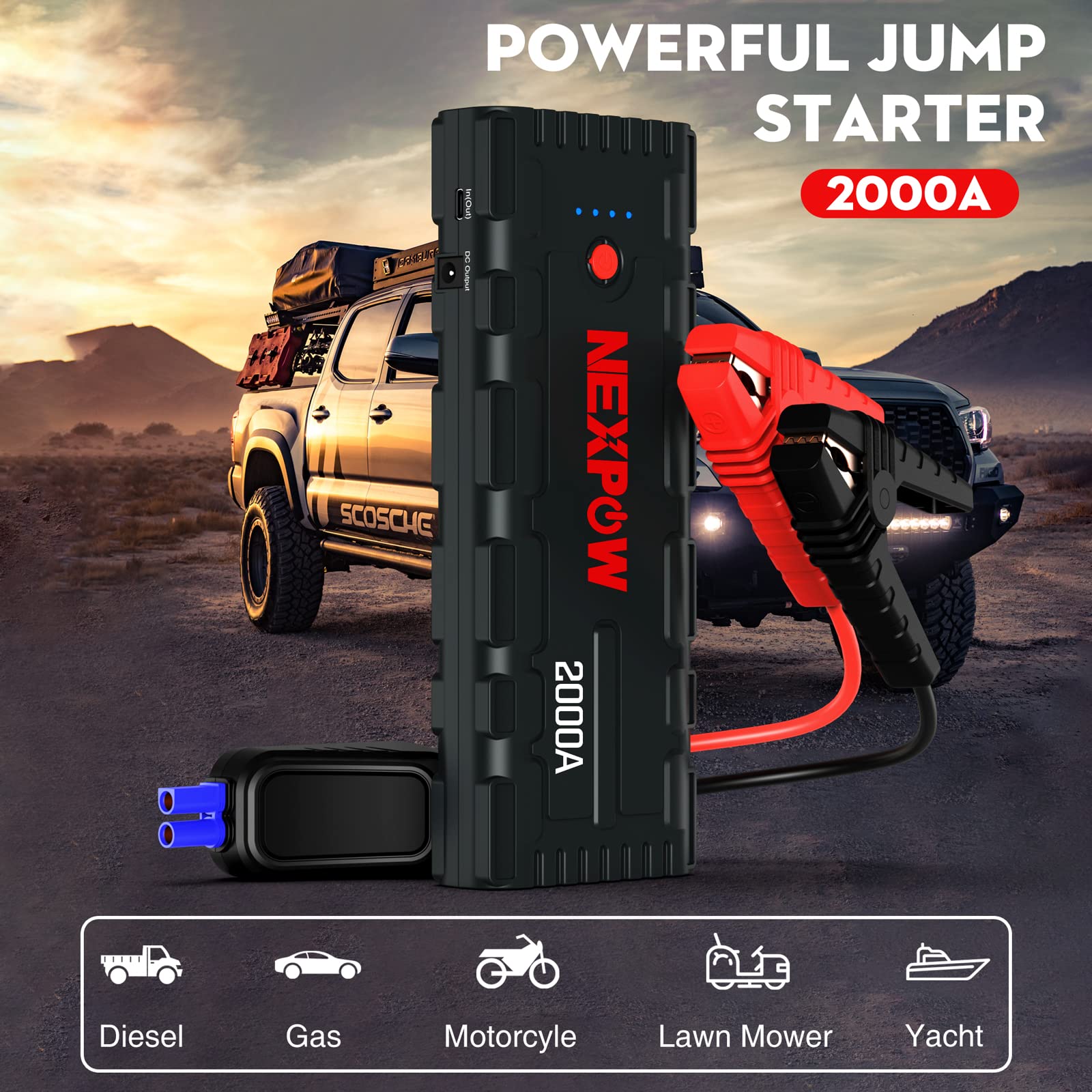 NEXPOW Car Jump Starter, 2000A Peak 12V Portable Car Battery Starter, Auto Battery Booster, Lithium Jump Box with LED Light/USB Quick Charge 3.0