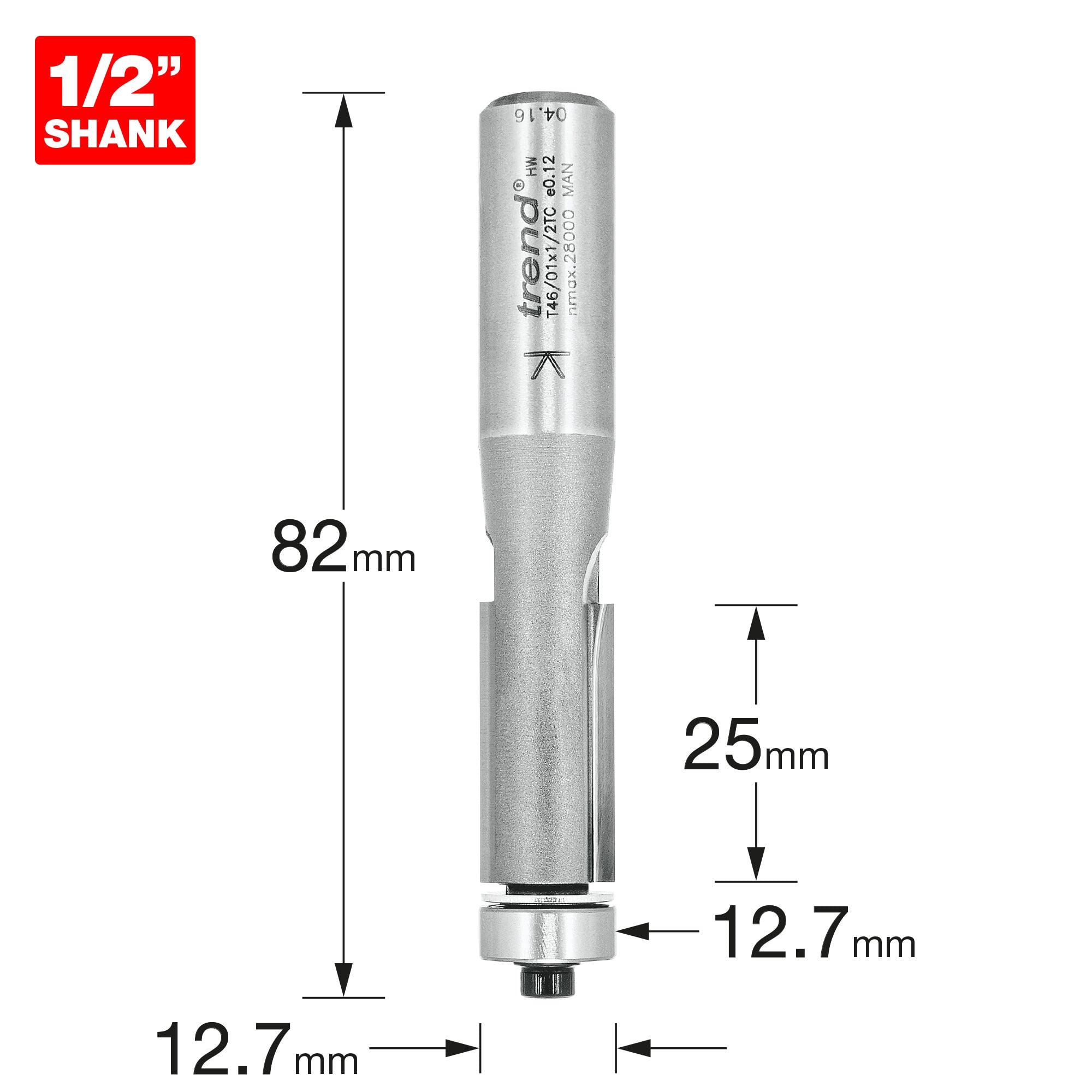 Trend Professional Guided Trimmer, 1/2 Inch Shank, 12.7mm Cut Diameter, 50mm Cut Length, Tungsten Carbide Tipped, 46/23X1/2TC