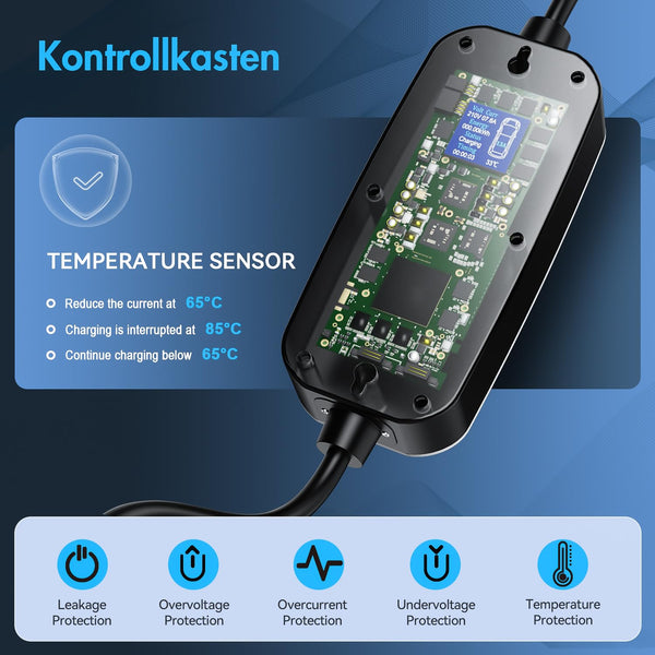EV Charger Cable Type 2 to 3 Pin Plug 3KW, 6M, 6/8/10/13A, Adjustable Current EV Charger,With LED Screen Timing Delay IP66/IP65, With Carry Bag and Type 2 EV Cable Holder for EVs and PHEVs