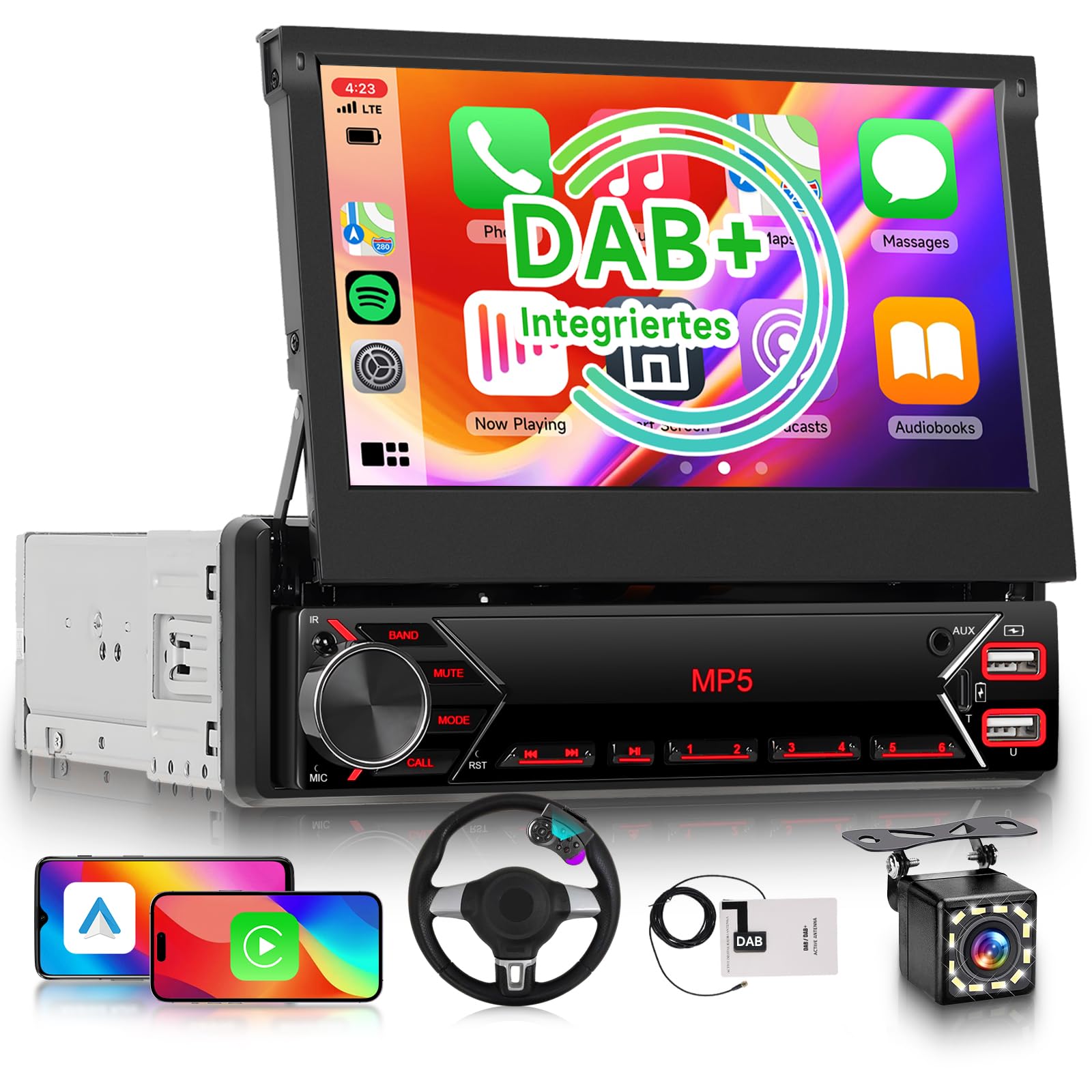 DAB/DAB+ Single Din Car Stereo with Wireless Carplay Android Auto, Hodozzy 7 inch Motorized Flip Out 1 Din Touch Screen Bluetooth Car Radio with Mirror Link/EQ/FM/USB/Type-C/AUX/Mic+ Reversing Camera