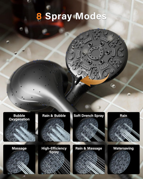 Cobbe High Pressure Shower Head with 8 Spray Modes, Powerful Water Saving Shower Head Set, Large Universal Flow Rain Showerhead for Low Water Pressure - Black