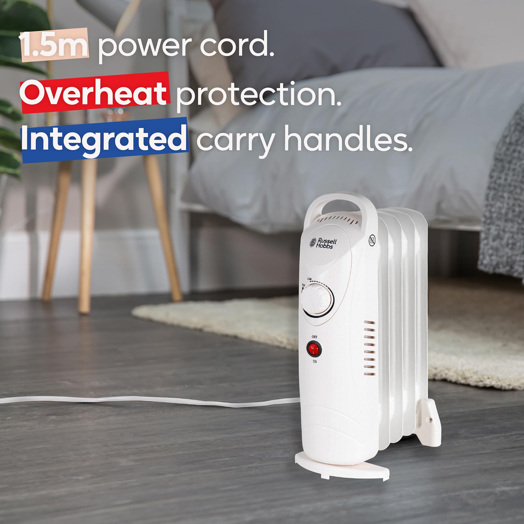 Russell Hobbs 1500W/1.5KW Oil Filled Radiator, 7 Fin Portable Electric Heater - White, Adjustable Thermostat with 3 Heat Settings, Safety Cut-off, 15 m sq Room Size, RHOFR5001, 2 Year Guarantee