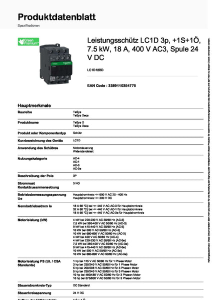 Schneider Electric, TeSys D contactor - 3P(3 NO) - AC-3 - <= 440 V 38 A - 230 V AC 50/60 Hz coil, LC1D38P7
