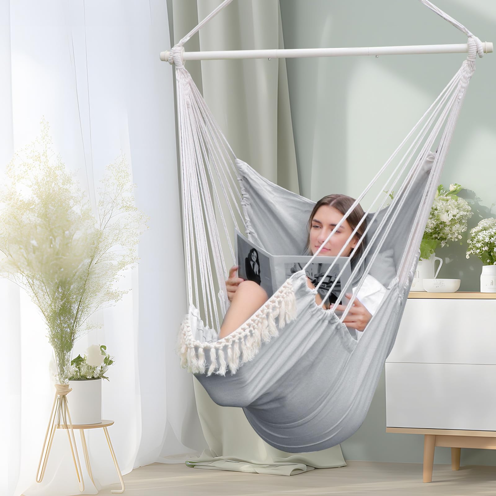 Chihee Hammock Chair Hanging Chair with Foot Rest 2 Cushions Max 550lbs Robust Metal Spreader Bar Collapsible Easy Storage Soft Cotton Swing Chair