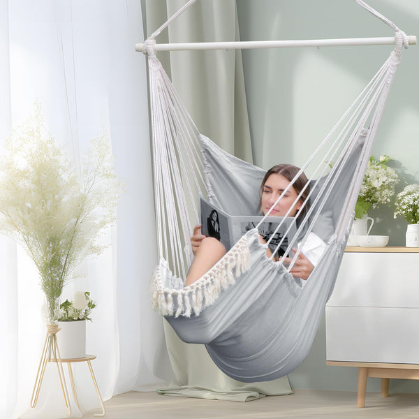 Chihee Hammock Chair Hanging Chair with Foot Rest 2 Cushions Max 550lbs Robust Metal Spreader Bar Collapsible Easy Storage Soft Cotton Swing Chair