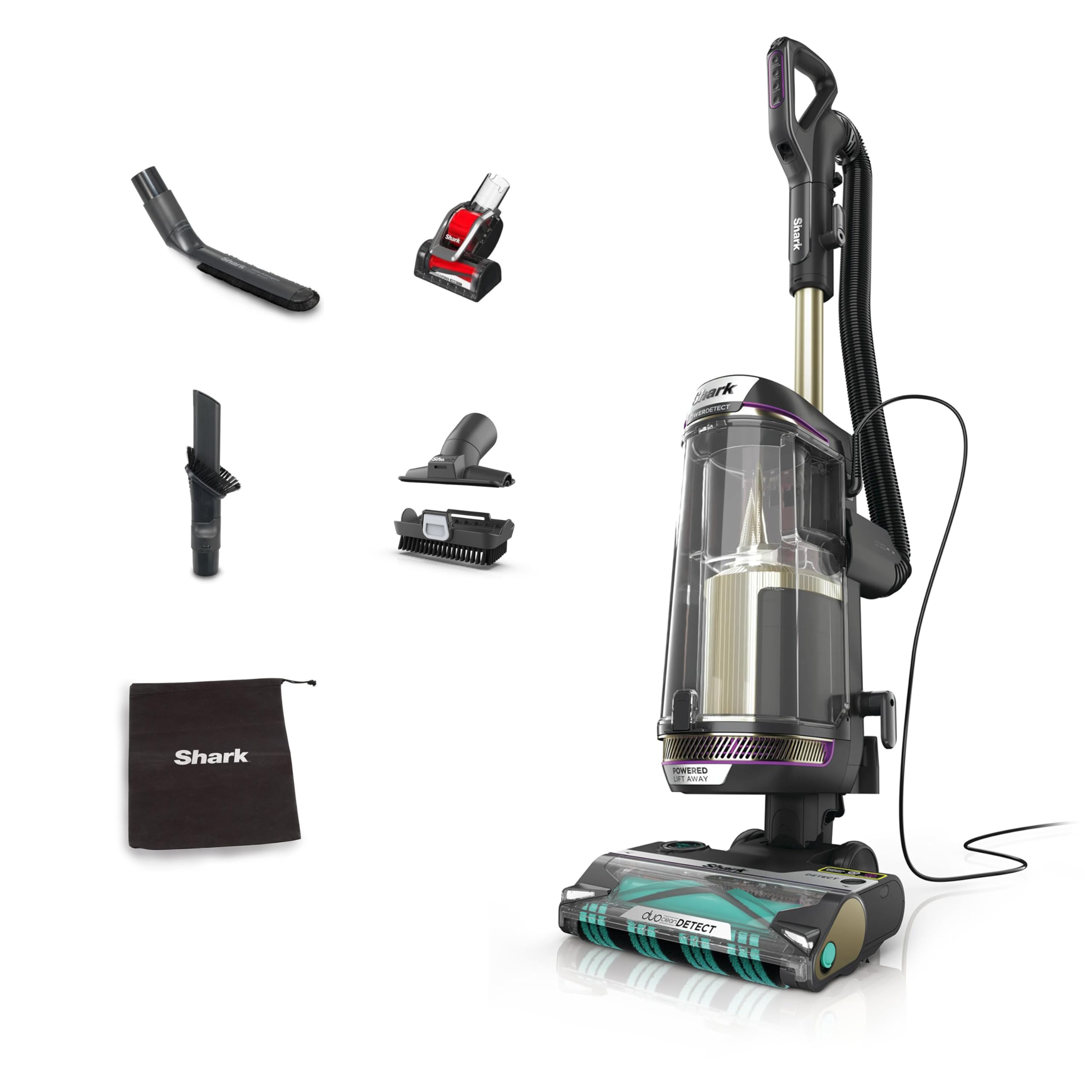 Shark PowerDetect Corded Upright Vacuum Cleaner, DuoClean Detect, Reverse Clean, Anti Hair Wrap Plus, Anti-Allergen, 8m Cord, 1.3L, Dusting Brush, Pet, Crevice, Multi Surface Tools & Bag, AZ3900UKTBK