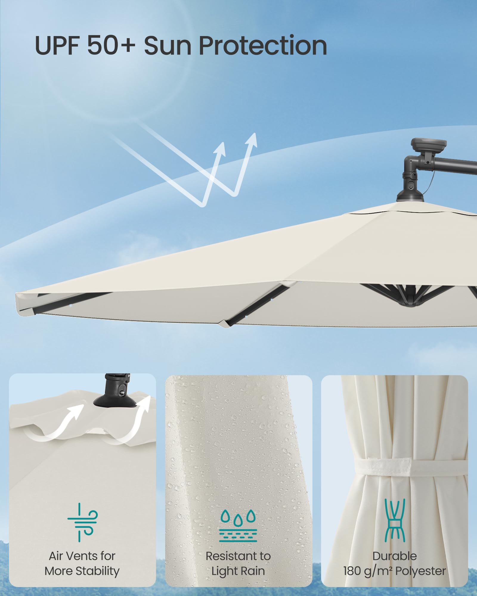 SONGMICS Cantilever Garden Parasol with Solar-Powered LED Lights, 3 m Banana Patio Umbrella with Base, Crank for Opening Closing, Sunshade with Protection UPF 50+, Beige GPU118M01