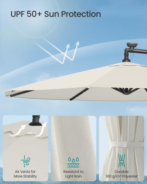 SONGMICS Cantilever Garden Parasol with Solar-Powered LED Lights, 3 m Banana Patio Umbrella with Base, Crank for Opening Closing, Sunshade with Protection UPF 50+, Beige GPU118M01