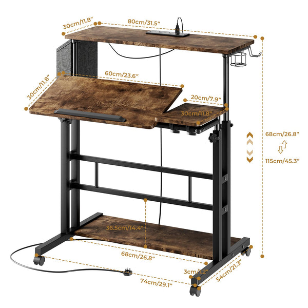 Dripex Mobile Standing Desk with Power Outlets & Strip Lights, Height Adjustable Desk With Cup Holder, Hook, Storage Bag, Rolling Sit-Stand Computer