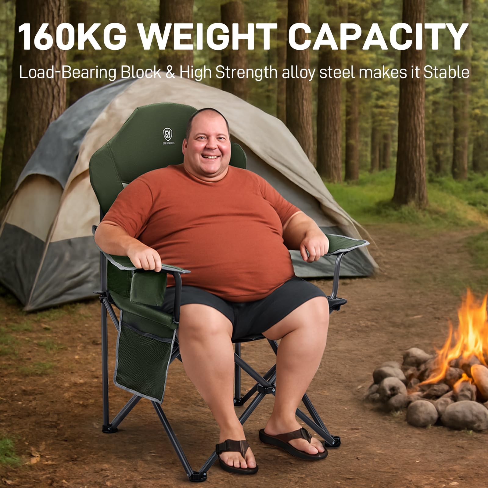 EVER ADVANCED Camping Chairs for Adults Heavy Duty Folding Chair Up to 160kg Oversized with High Back & Cup Holder & Side Pocket Comfy Camp Fold Up Chair
