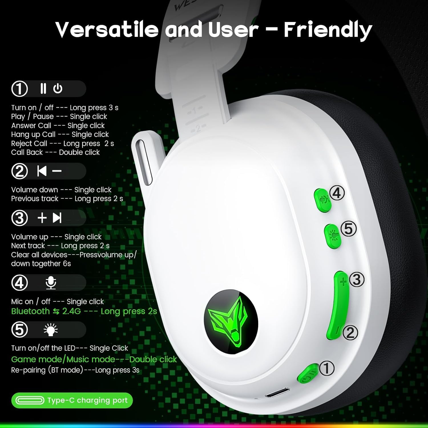 WESEARY Wireless Gaming Headset for PS5/PS4/PC/Switch/Mac, Dual Mode 2.4GHz & Bluetooth & USB, Headset with Microphone, 50-Hour Battery, EQ Modes, Lossless Audio, RGB Lighting