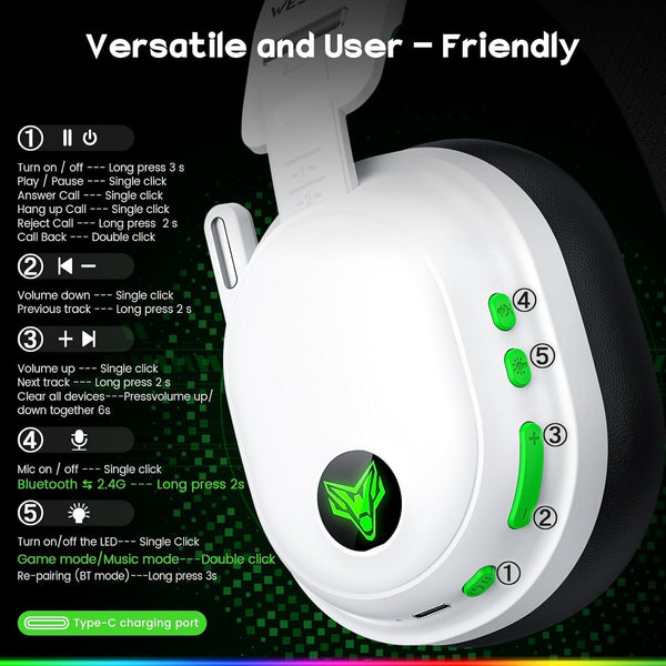 WESEARY Wireless Gaming Headset for PS5/PS4/PC/Switch/Mac, Dual Mode 2.4GHz & Bluetooth & USB, Headset with Microphone, 50-Hour Battery, EQ Modes, Lossless Audio, RGB Lighting