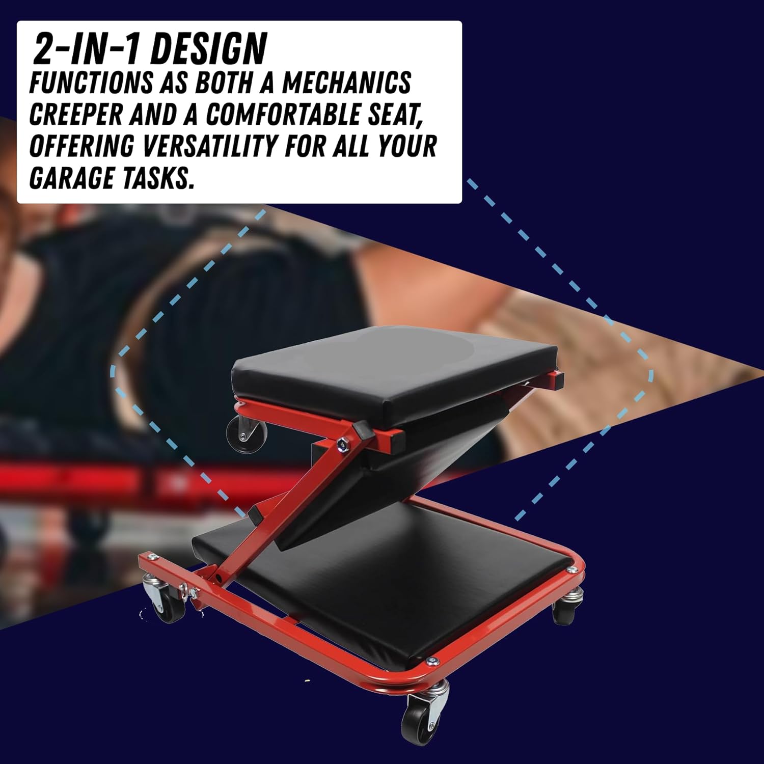 2-in-1 Folding Car Creeper and Seat, 36Inch Padded Mechanics Creeper Stool with 6 Rotatable Wheels, Rolling Garage Work Crawler Board Bench, Maximum Load 150 KG (Red, 36 Inch)