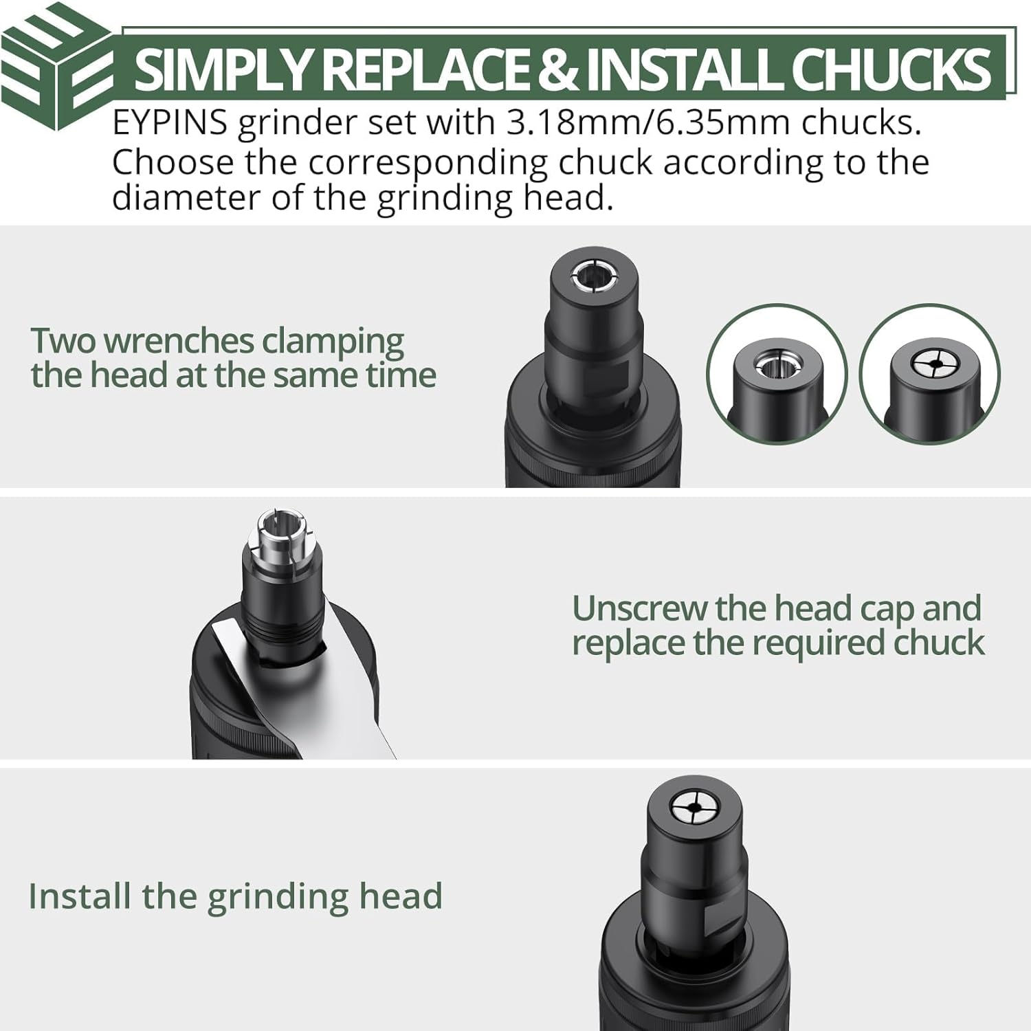 EYPINS Pneumatic Mini Air Die Grinder 1/4" & 1/8" - 25000RPM High-Speed Straight Grinding Tool with Safety Lock, Grinding Stones Kit for Metal, Wood, Plastic Polishing, Grinding & Rust Removal