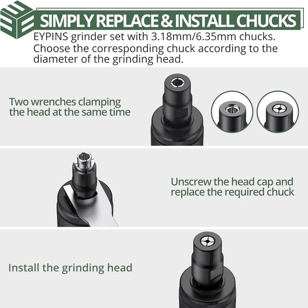 EYPINS Pneumatic Mini Air Die Grinder 1/4" & 1/8" - 25000RPM High-Speed Straight Grinding Tool with Safety Lock, Grinding Stones Kit for Metal, Wood, Plastic Polishing, Grinding & Rust Removal