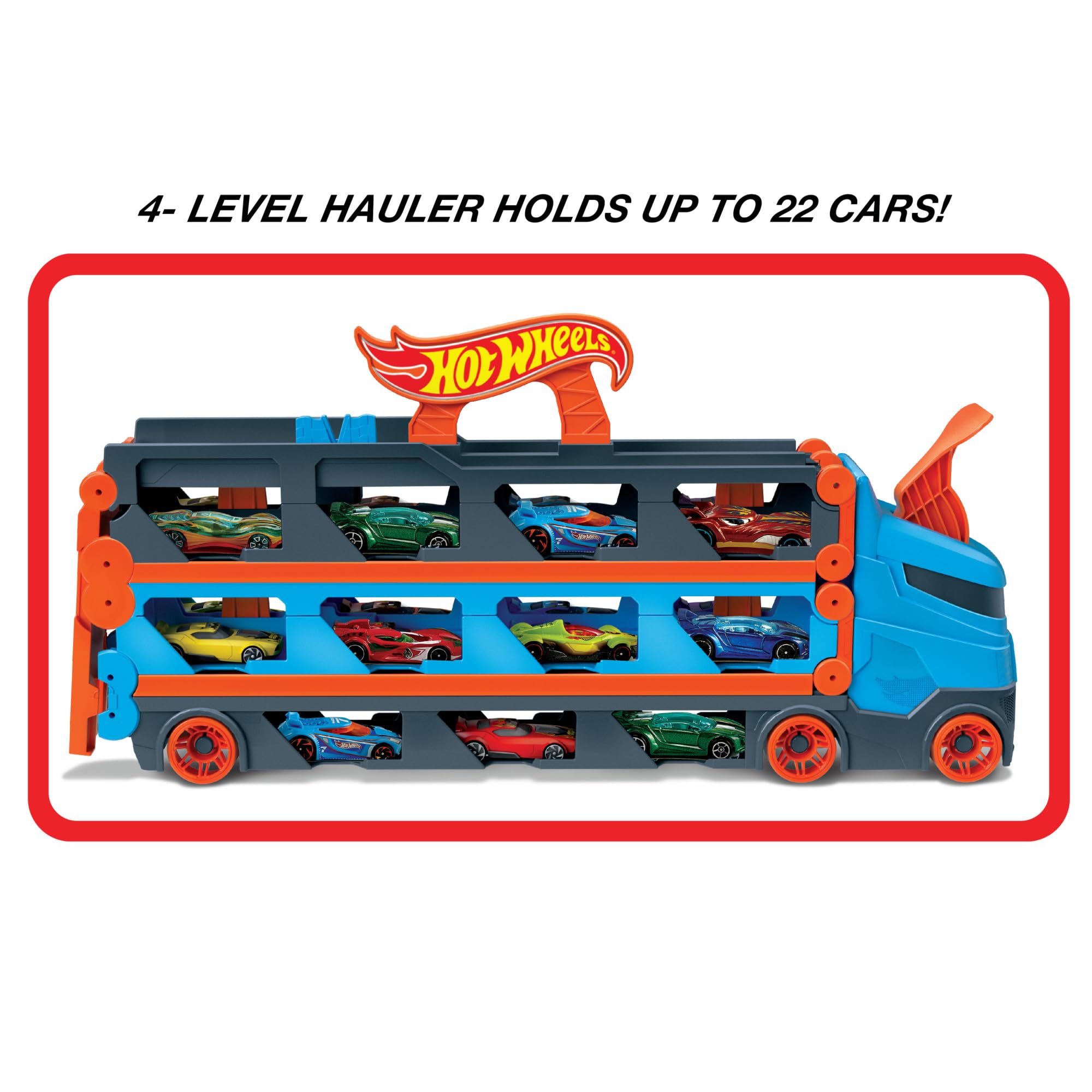 Hot Wheels - Speedway Hauler Storage Carrier with 3 1:64 Scale Cars & Convertible 6-Foot Drag Race Track for Kids 4 to 8 years Old, Stores 20+ Cars & Connects to Other Playsets, HGH33