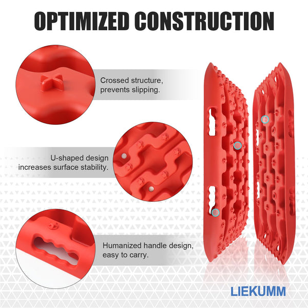 LIEKUMM 2PCS Traction Boards with Jack Lift Base, 104 cm Off-Road Traction Boards for Sand, Mud, Snow, 10 T Capacity Heavy Duty Recovery Tracks for Cars, Trucks, SUVs, Red
