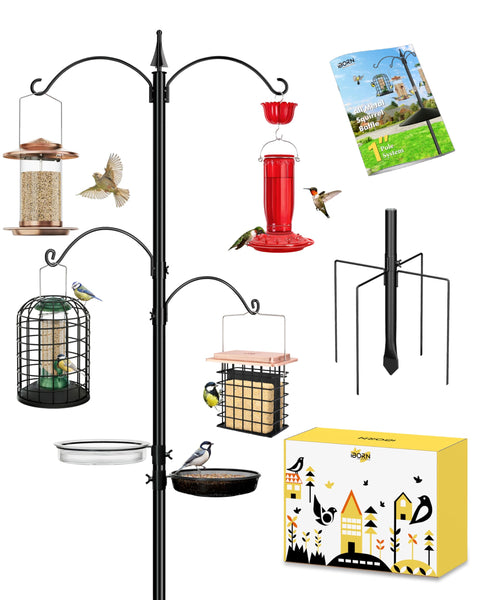 iBorn Bird Feeders Hanging Station 87Inch Wild Bird Feeding Station Pole Stand Outdoors Heavy Duty,2 Fixed & 2 Adjustable Hooks & 2 Trays, 5-Prong