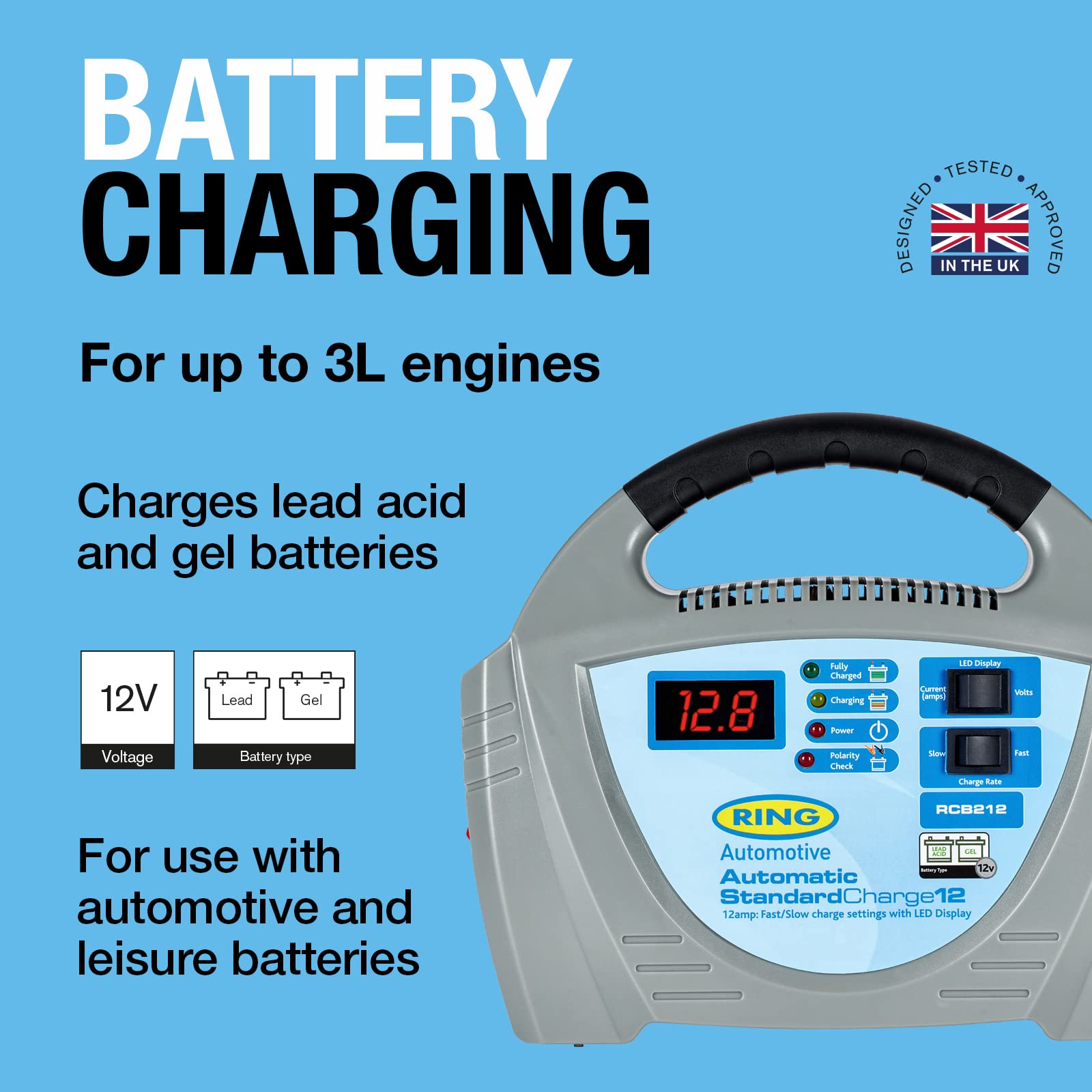 Ring RCB212, 12A Battery Charger, 12V Lead Acid and Gel Batteries, Vehicles up to 3.0L