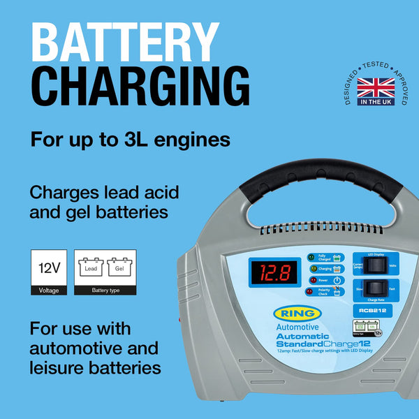 Ring RCB212, 12A Battery Charger, 12V Lead Acid and Gel Batteries, Vehicles up to 3.0L