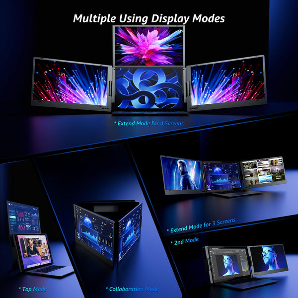 14" Triple Laptop Screen Extender, FHD IPS Multi Screen Extender with USB-C/USB-A, One Cable Connection Laptop Monitor Extender Compatible with Mac Windows Fits 11.6-15.6 Inch Laptops