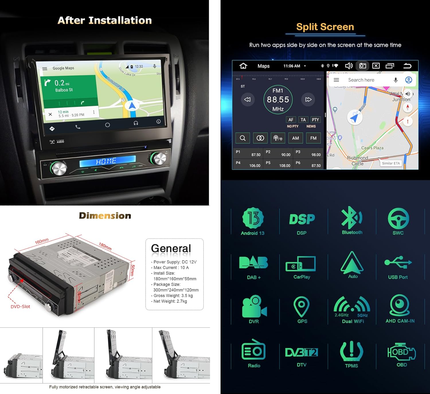 Android 13 4GB RAM+64GB ROM Single Din Detachable Car Stereo DAB+ Radio GPS DVD Player Sat Nav 7 Inch Touch Screen Bluetooth 5.0 Support Wireless CarPlay Android Auto WiFi RDS DVR ADP2 SWC
