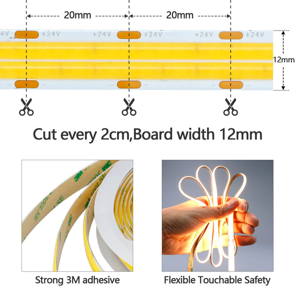 GOMING 32.8ft(10M) 24V Double Row COB LED Strip Light Warm White 3000K 6000LEDs CRI 93+ 20000lm Uniform Glow Dotless Not Waterproof IP20 Flexible LED