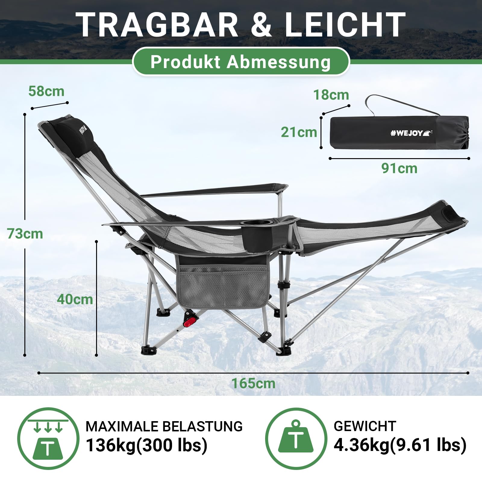 #WEJOY Camping Chairs Folding Recliner Chair Adjustable with Detachable Footrest Headrest Cup Holder Lightweight Portable Reclining Camp Chair Fold Up Chair for Outdoor Beach Garden, Cyan Set of 2