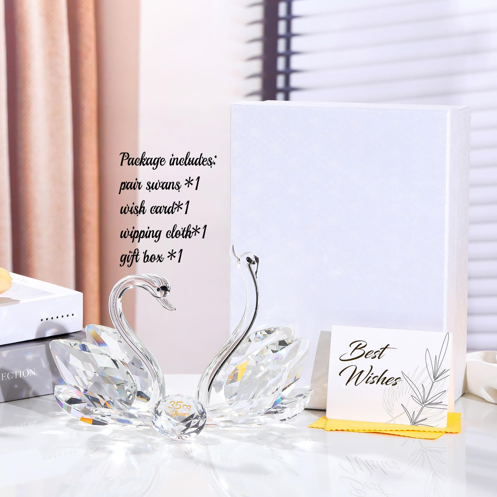 2 Pcs Clear Crystal Swans Collectible Figurine 35th Wedding Anniversary Romantic Gifts for Wife Couples, Glass Double Swans 35 Years Marriage Wedding
