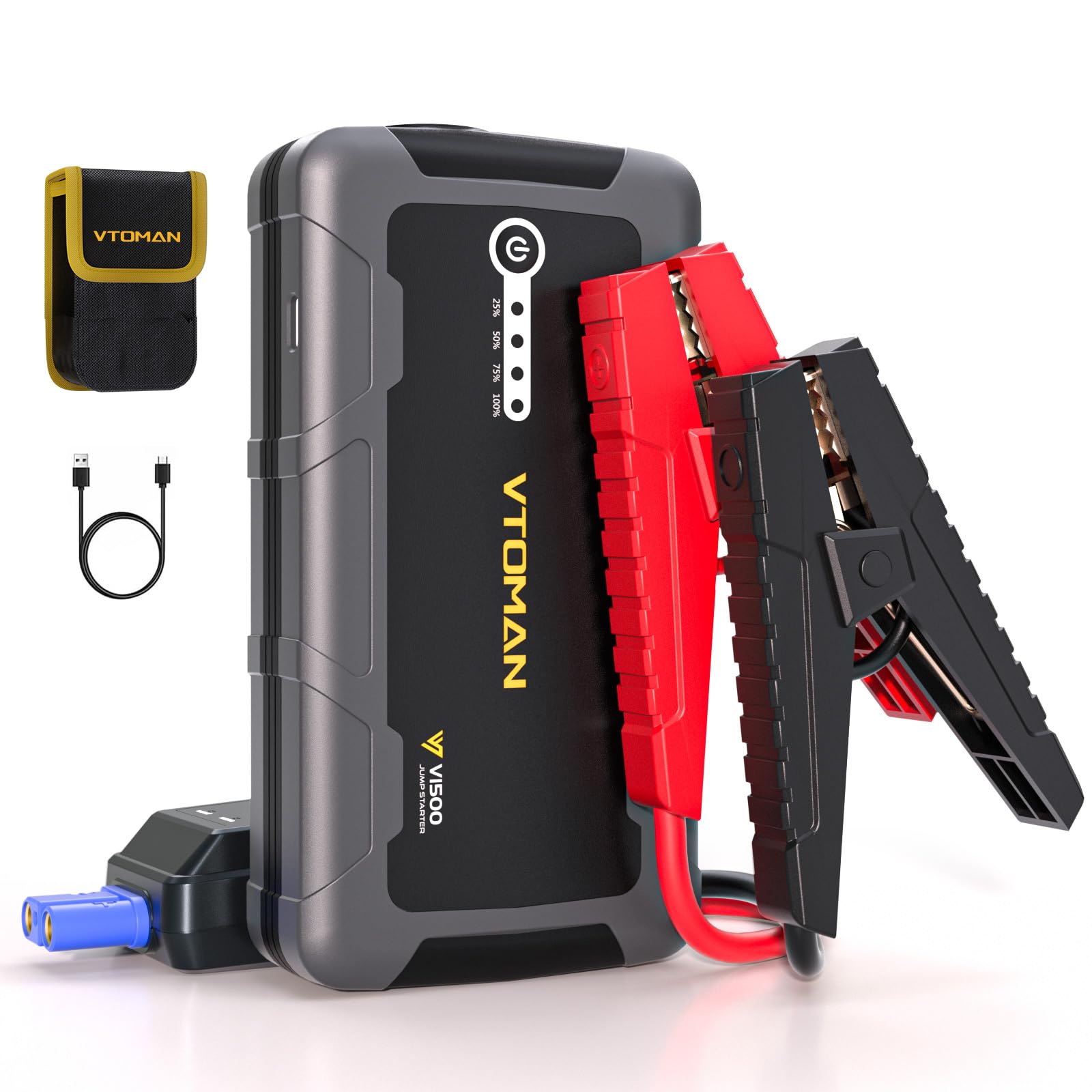 VTOMAN V2500 2500A Jump Starter Power Pack - Portable 12V Car Battery Booster Jump Starter with Jump Leads(Up to 8.0L Gas or 6.0L Diesel Engine), LED Flashlight, Quick Charge, 15V DC Port