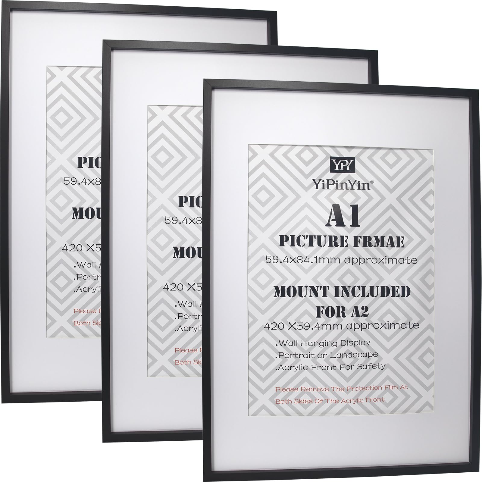 Black 50x70cm Boxed Picture Frames Set of 3 with Mounts for 40x60cm, 70x50cm poster frame with Acid Free mount for 40x60cm photo (Black 3Pack)