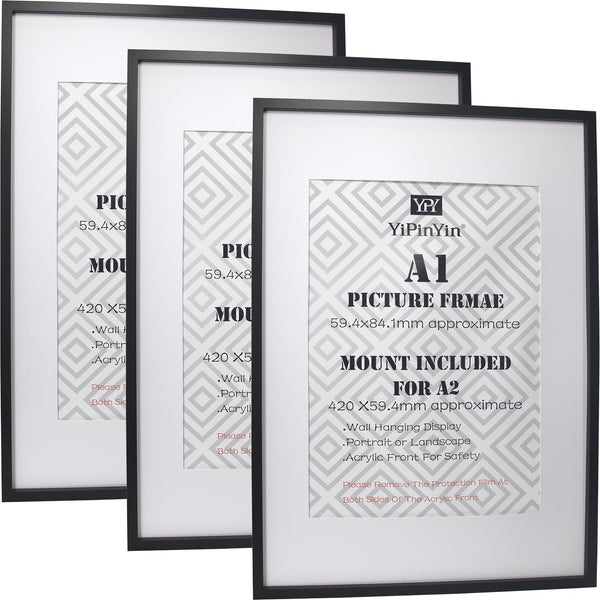 Black 50x70cm Boxed Picture Frames Set of 3 with Mounts for 40x60cm, 70x50cm poster frame with Acid Free mount for 40x60cm photo (Black 3Pack)